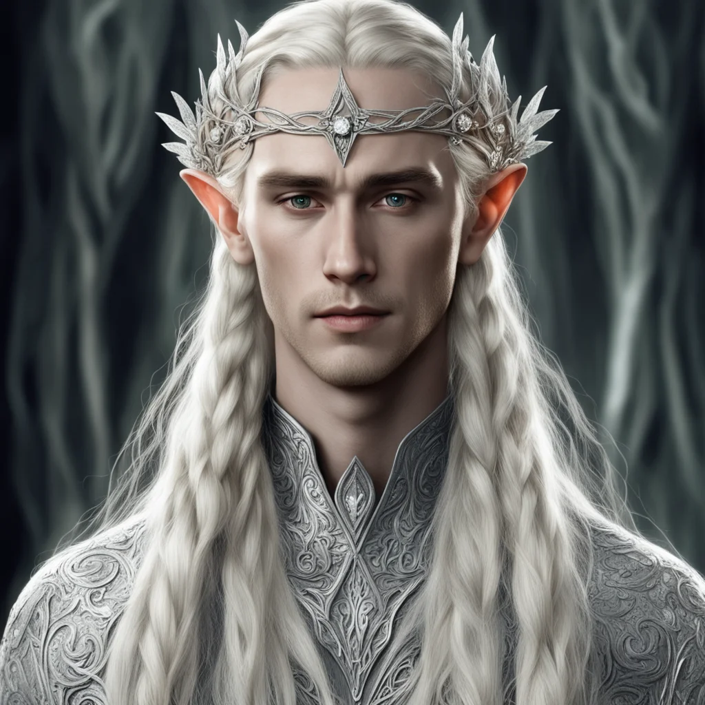 aitolkien king thranduil with blond hair and braids wearing silver flower with diamonds elvish circlet with prominent center diamond
