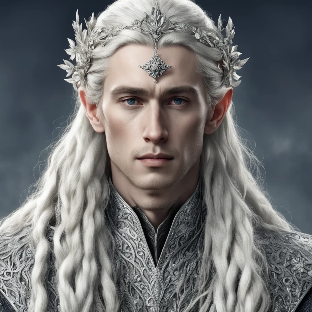tolkien king thranduil with blond hair and braids wearing silver flowers encrusted with diamonds forming a silver serpentine elvish circlet encrusted with diamonds with large center diamond