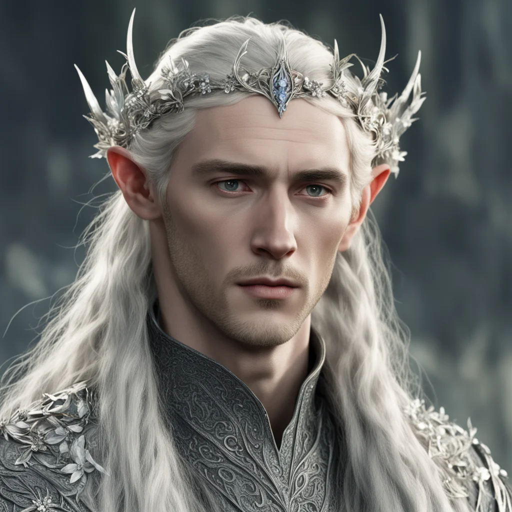 aitolkien king thranduil with blond hair and braids wearing silver flowers encrusted with diamonds forming a silver sindarin elvish circlet with prominent ce amazing awesome portrait 2