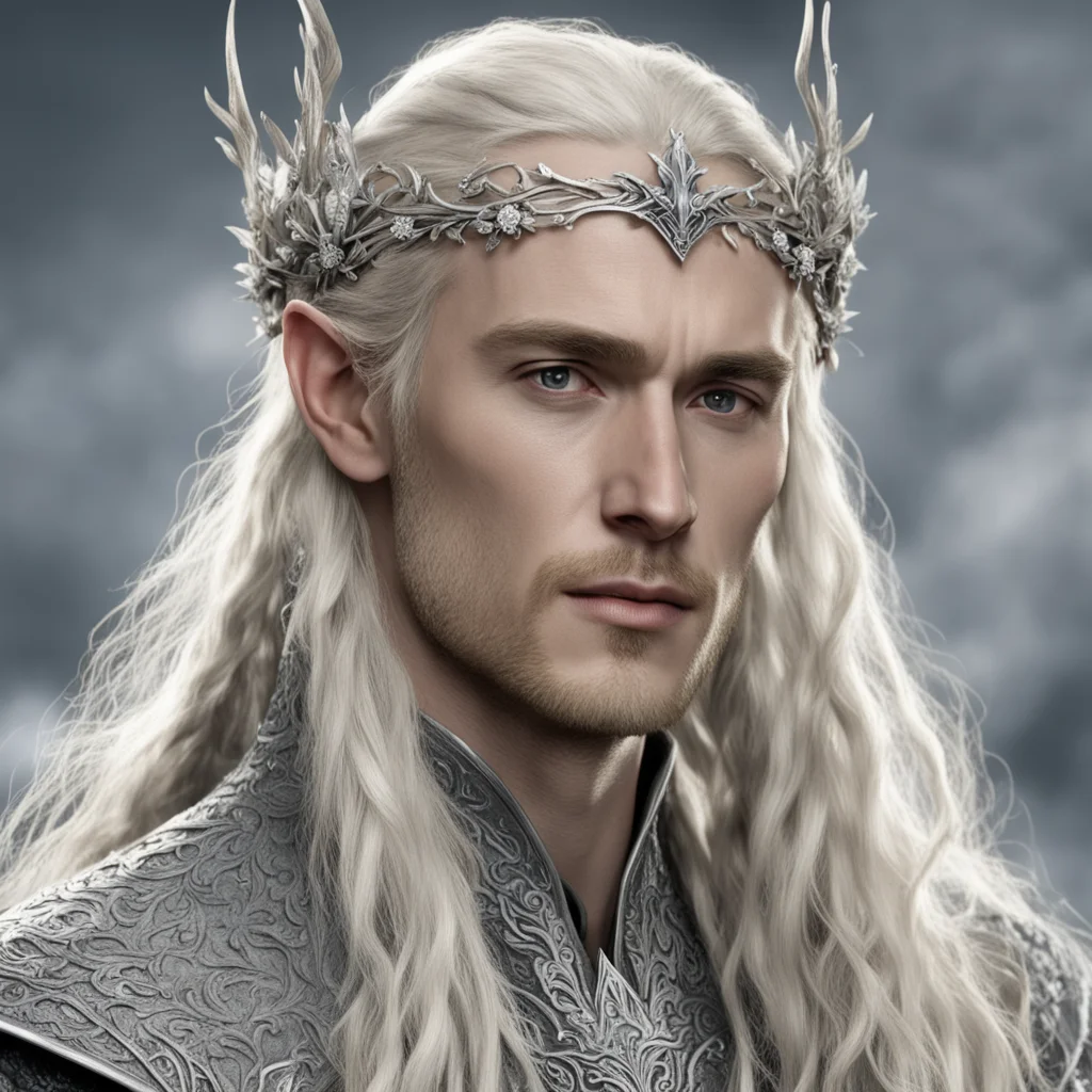 aitolkien king thranduil with blond hair and braids wearing silver flowers encrusted with diamonds forming a silver sindarin elvish circlet with prominent ce good looking trending fantastic 1