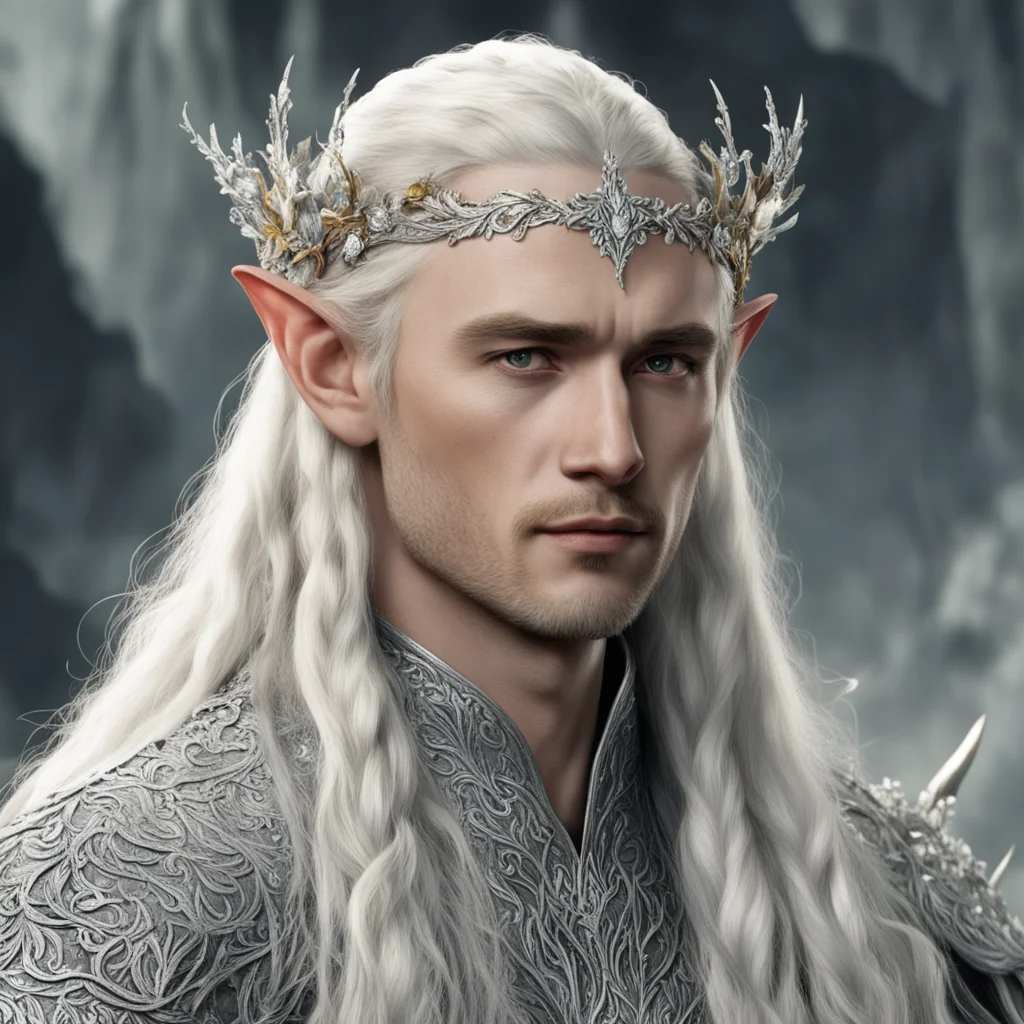aitolkien king thranduil with blond hair and braids wearing silver flowers encrusted with diamonds forming a silver sindarin elvish circlet with prominent ce