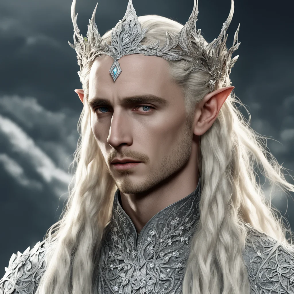 tolkien king thranduil with blond hair and braids wearing silver flowers encrusted with diamonds to form a silver elvish circlet with large center diamond confident engaging wow artstation art 3.web