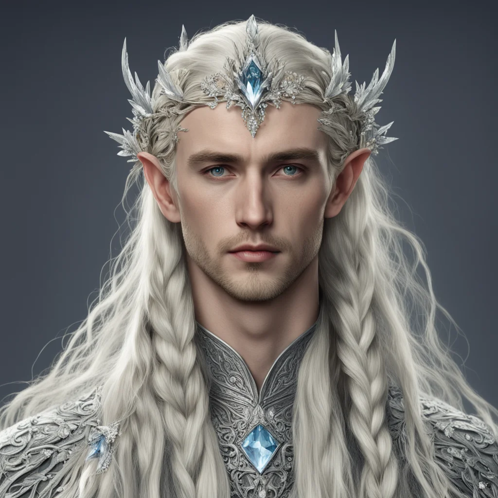 tolkien king thranduil with blond hair and braids wearing silver flowers encrusted with diamonds to form a silver elvish circlet with large center diamond good looking trending fantastic 1