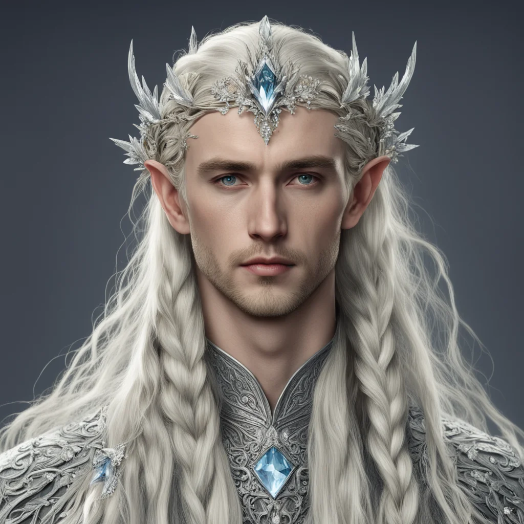 aitolkien king thranduil with blond hair and braids wearing silver flowers encrusted with diamonds to form a silver elvish circlet with large center diamond good looking trending fantastic 1
