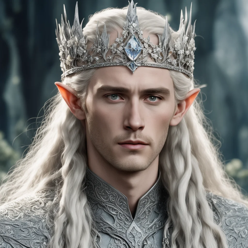 tolkien king thranduil with blond hair and braids wearing silver flowers encrusted with diamonds to form a silver elvish coronet with large center diamond amazing awesome portrait 2