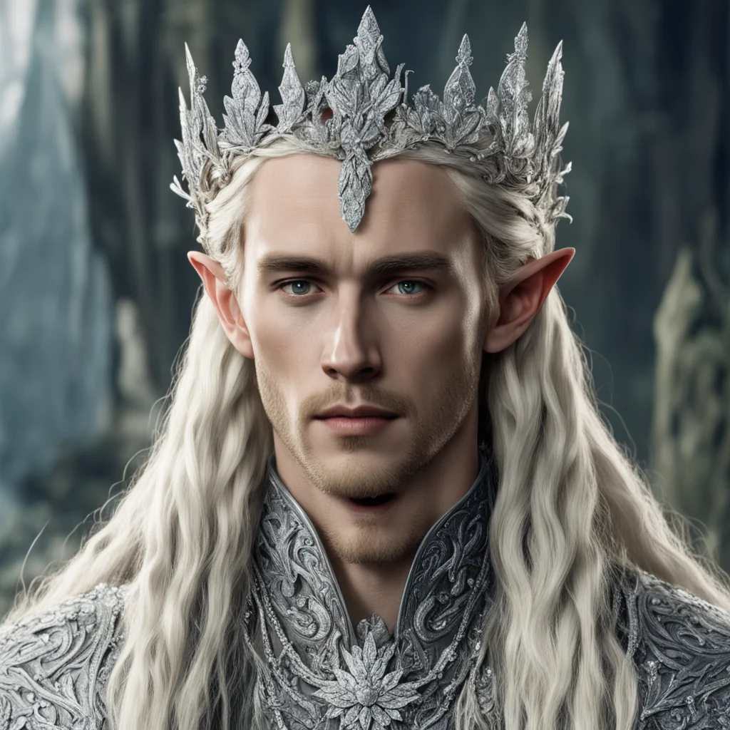 aitolkien king thranduil with blond hair and braids wearing silver flowers encrusted with diamonds to form a silver elvish coronet with large center diamond good looking trending fantastic 1