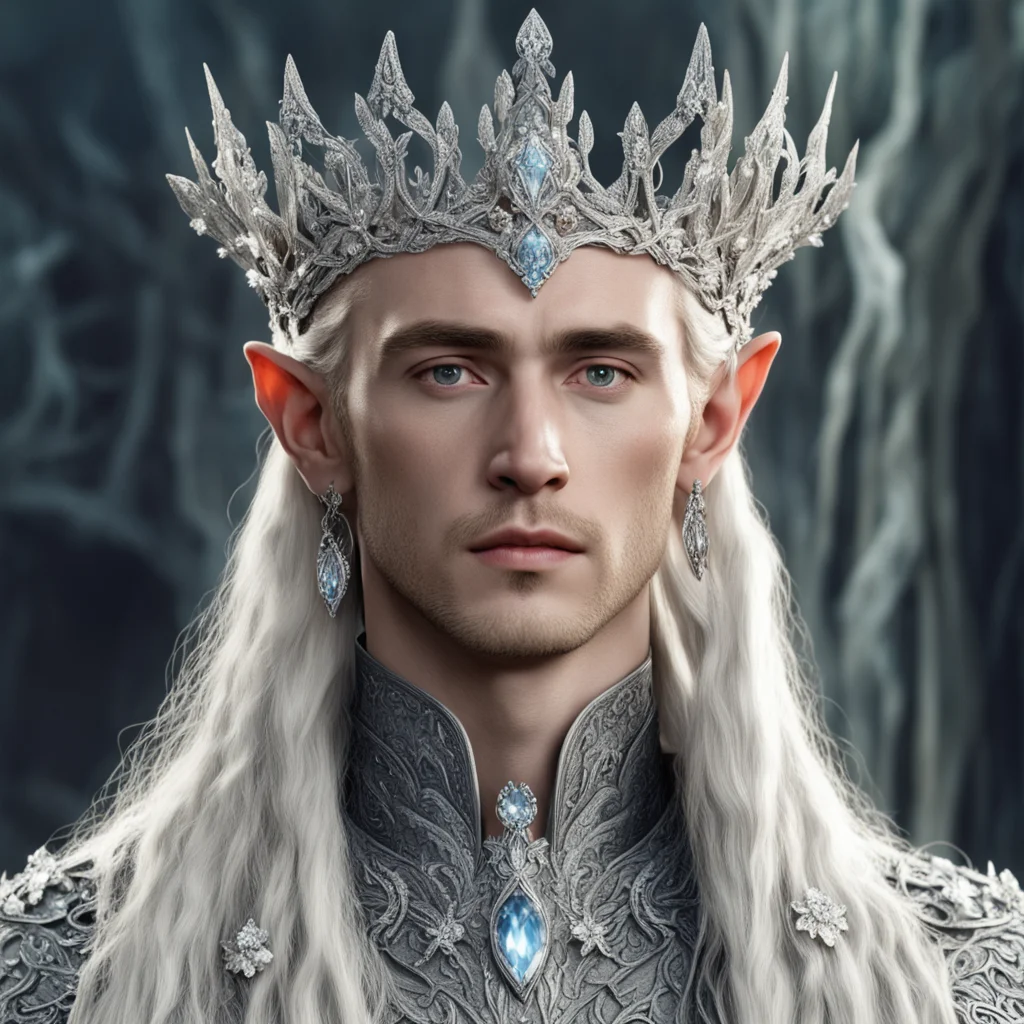 aitolkien king thranduil with blond hair and braids wearing silver flowers encrusted with diamonds to form a silver elvish coronet with large center diamond
