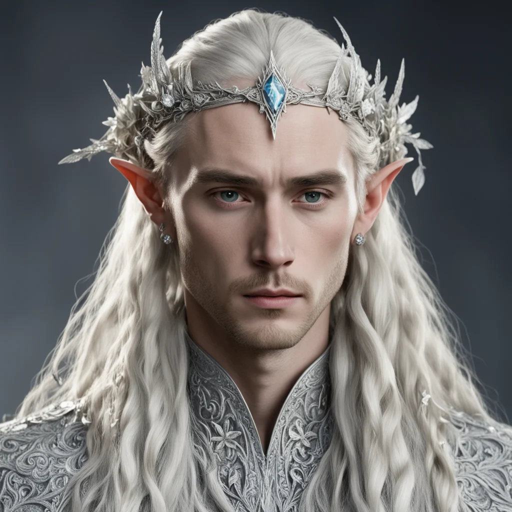 tolkien king thranduil with blond hair and braids wearing silver flowers encrusted with diamonds to make a silver elvish circlet with large center diamond amazing awesome portrait 2