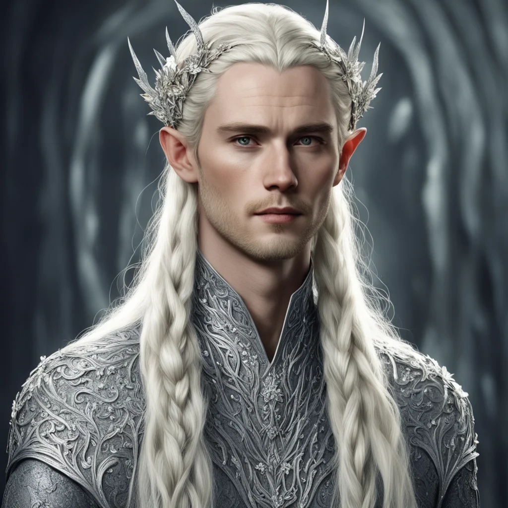 aitolkien king thranduil with blond hair and braids wearing silver flowers encrusted with diamonds to make a silver elvish circlet with large center diamond good looking trending fantastic 1