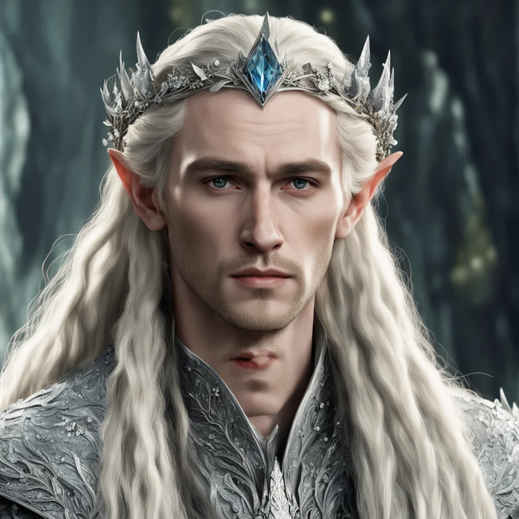 aitolkien king thranduil with blond hair and braids wearing silver holly circlet encrusted with diamonds and large diamond clusters amazing awesome portrait 2