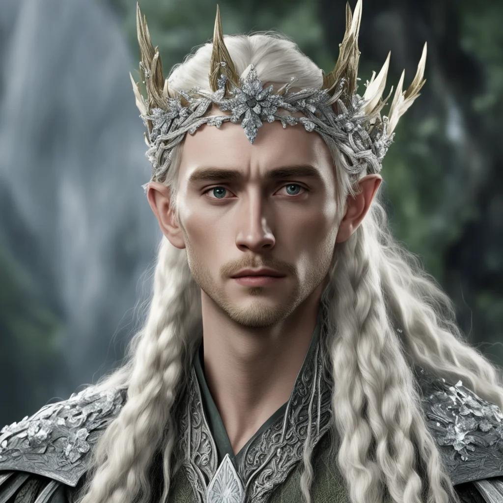 tolkien king thranduil with blond hair and braids wearing silver holly circlet encrusted with diamonds and large diamond clusters good looking trending fantastic 1
