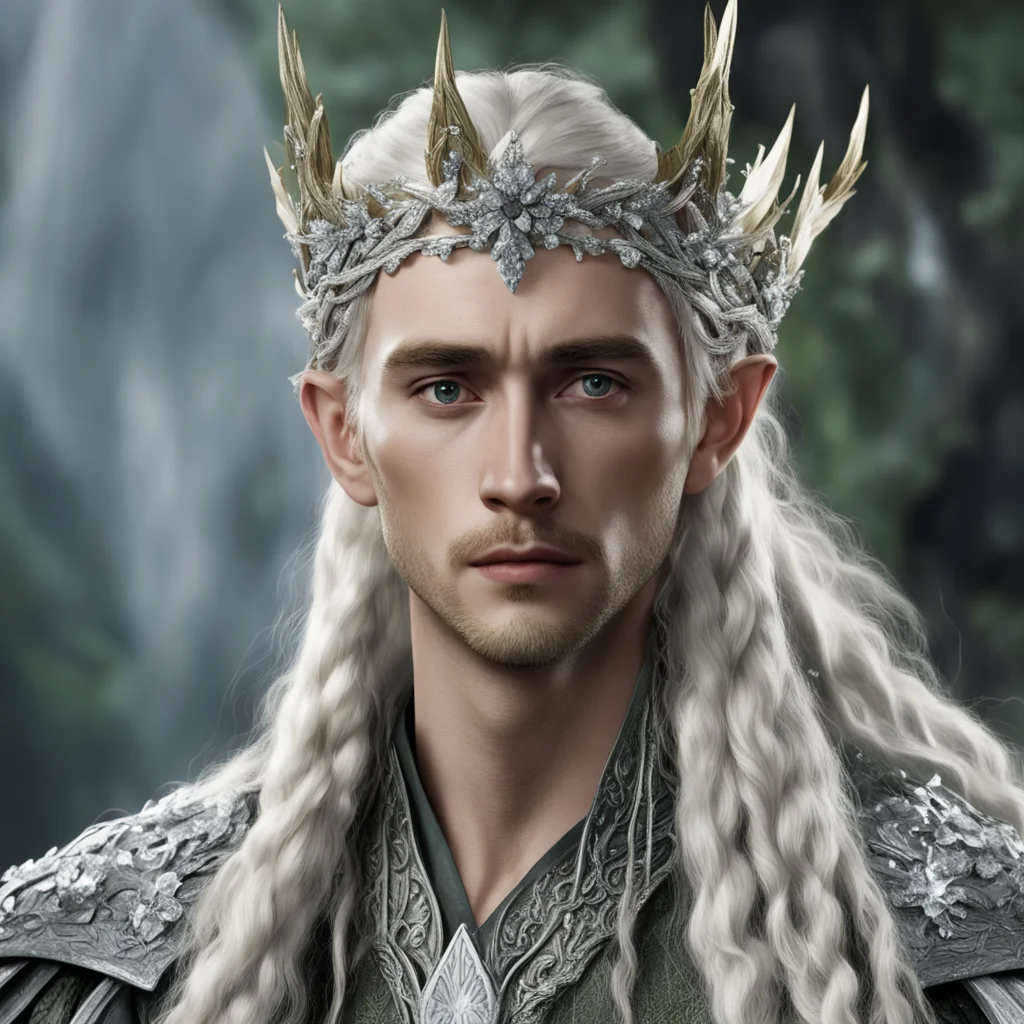 aitolkien king thranduil with blond hair and braids wearing silver holly circlet encrusted with diamonds and large diamond clusters good looking trending fantastic 1