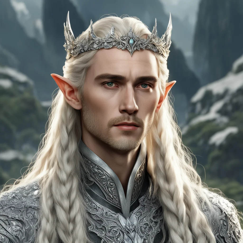 aitolkien king thranduil with blond hair and braids wearing silver holly circlet encrusted with diamonds and large diamond clusters