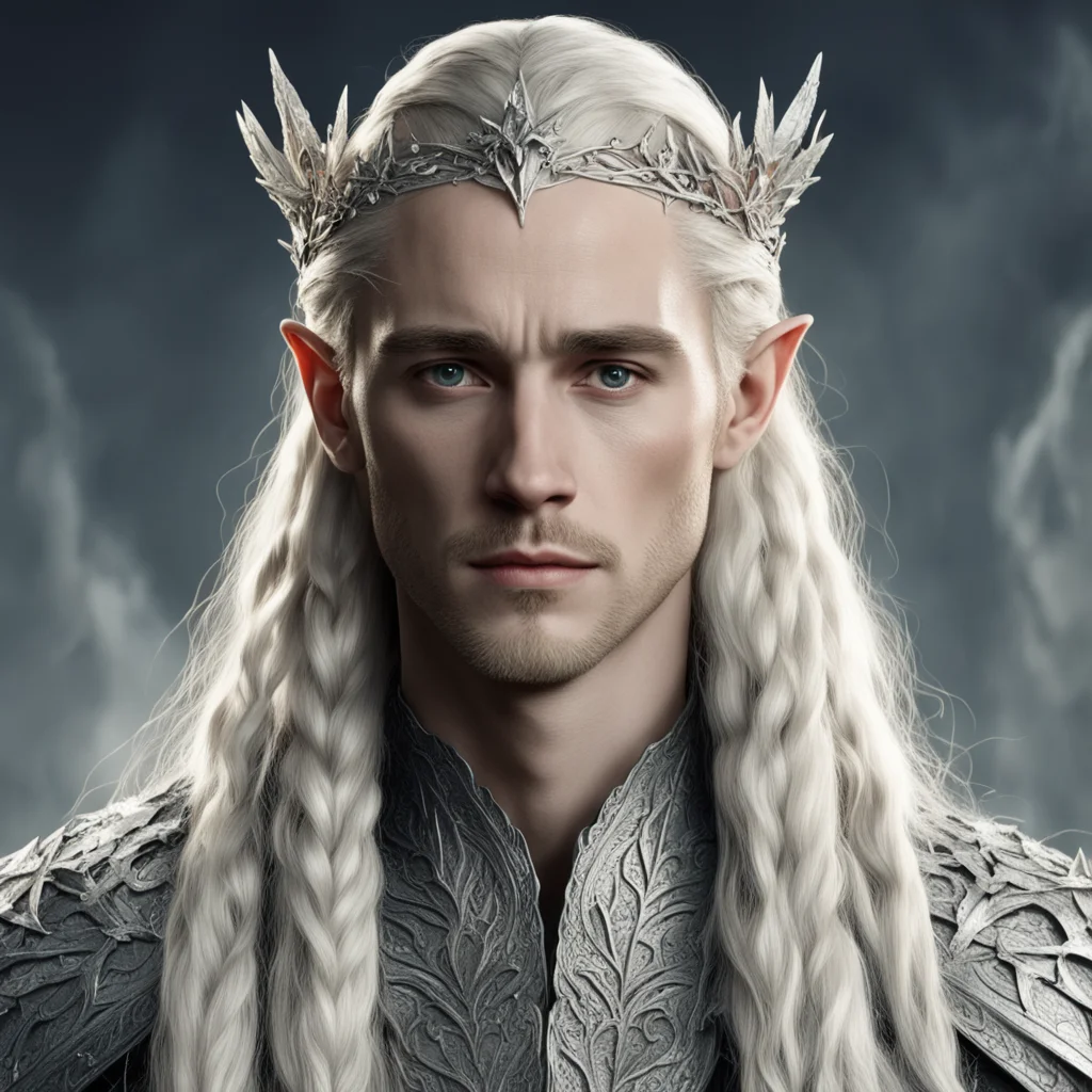 tolkien king thranduil with blond hair and braids wearing silver holly leaf and clusters of large diamond clusters comprising a silver elvish circlet with prominent center diamond amazing awesome po
