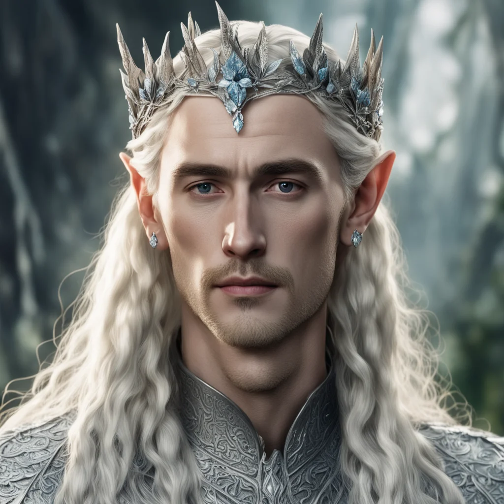 tolkien king thranduil with blond hair and braids wearing silver holly leaf and clusters of large diamond clusters comprising a silver elvish circlet with prominent center diamond confident engaging