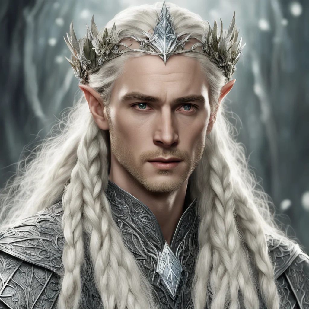 aitolkien king thranduil with blond hair and braids wearing silver holly leaf and clusters of large diamond clusters comprising a silver elvish circlet with prominent center diamond