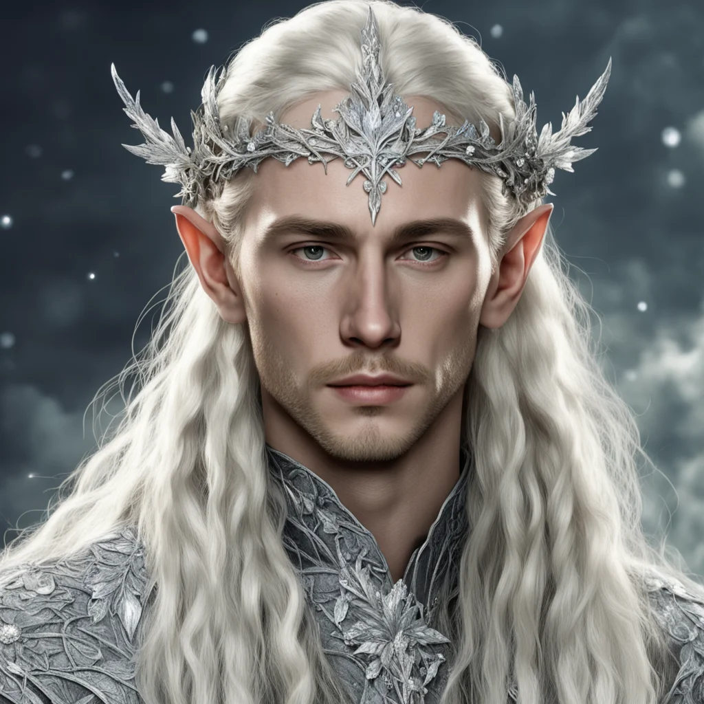 tolkien king thranduil with blond hair and braids wearing silver holly leaves encrusted with diamonds and large round diamond clusters to form a small silver elvish circlet with large center diamond