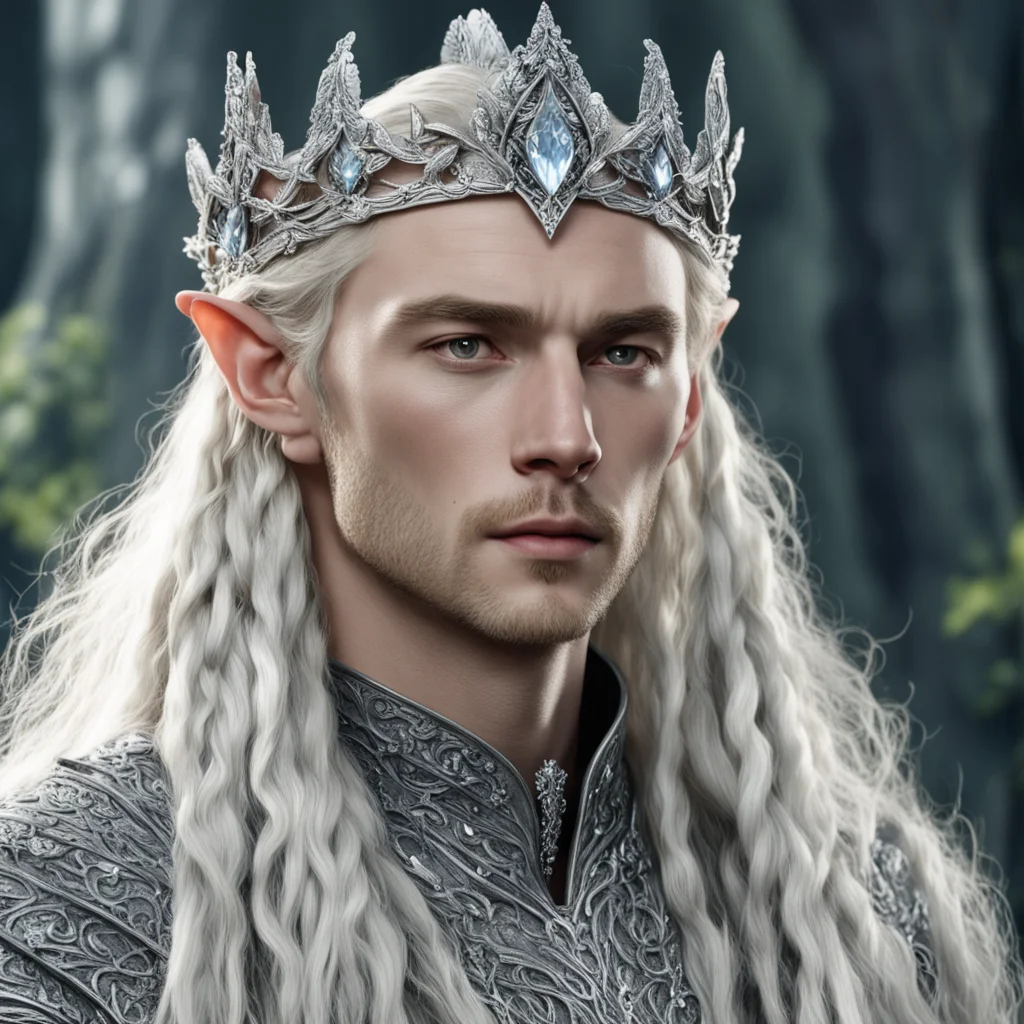 tolkien king thranduil with blond hair and braids wearing silver holly leaves encrusted with diamonds and large round diamond clusters to form a small silver elvish coronet with large center diamond