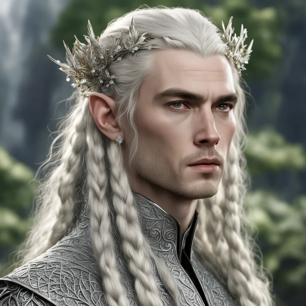 aitolkien king thranduil with blond hair and braids wearing silver holly leaves encrusted with diamonds with clusters of large diamonds to form silver elvish hair forks amazing awesome portrait 2