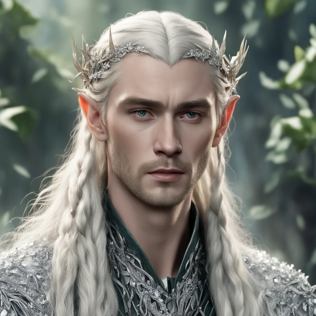 tolkien king thranduil with blond hair and braids wearing silver holly leaves encrusted with diamonds with clusters of large diamonds to form silver elvish hair forks