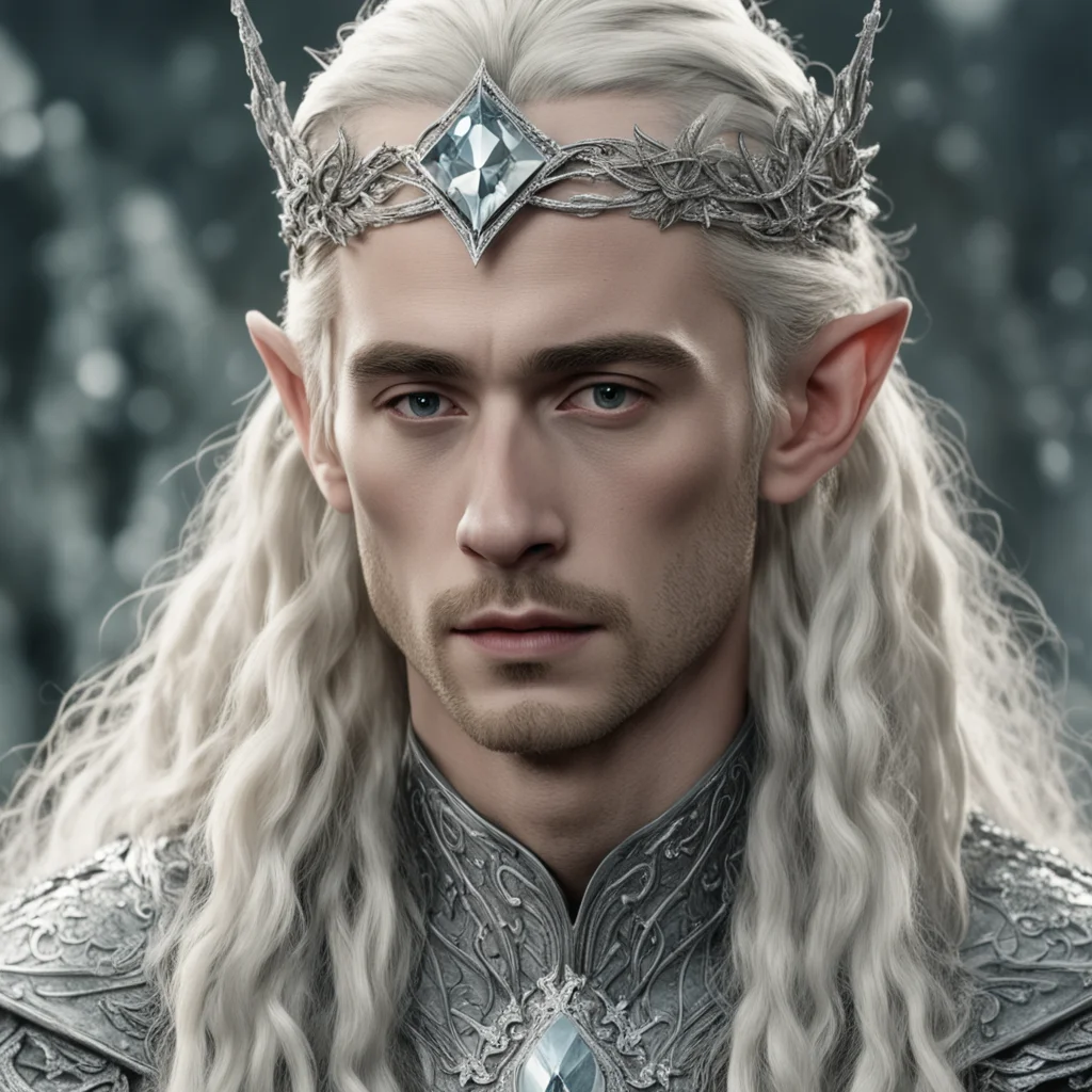 aitolkien king thranduil with blond hair and braids wearing silver ivy circlet encrusted with diamonds and large diamond clusters with large center diamond amazing awesome portrait 2