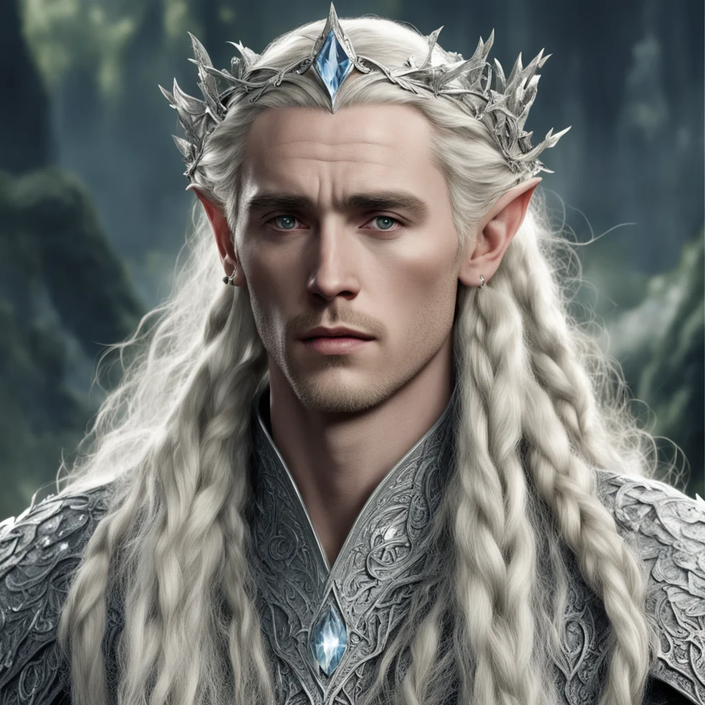 aitolkien king thranduil with blond hair and braids wearing silver ivy circlet encrusted with diamonds and large diamond clusters with large center diamond good looking trending fantastic 1