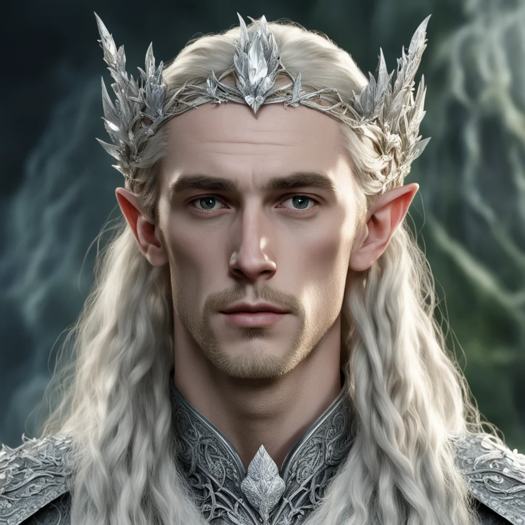 aitolkien king thranduil with blond hair and braids wearing silver ivy circlet encrusted with diamonds and large diamond clusters with large center diamond