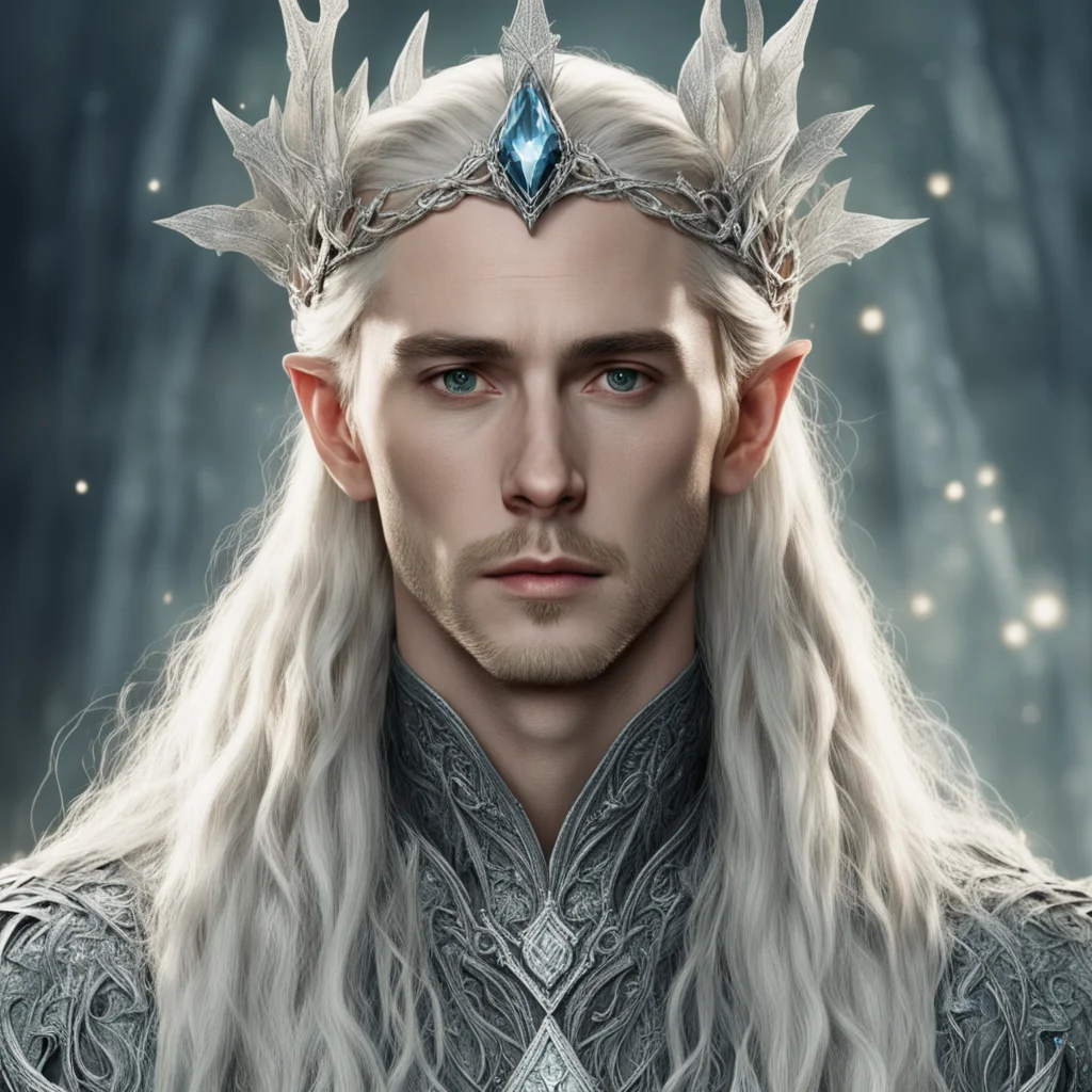 tolkien king thranduil with blond hair and braids wearing silver ivy encrusted with diamonds to form a silver elvish cirlcet with large diamond in the center of the circlet amazing awesome portrait 