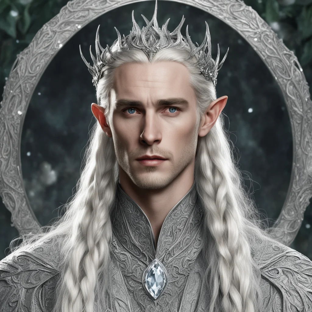 tolkien king thranduil with blond hair and braids wearing silver ivy encrusted with diamonds to form a silver elvish cirlcet with large diamond in the center of the circlet confident engaging wow ar