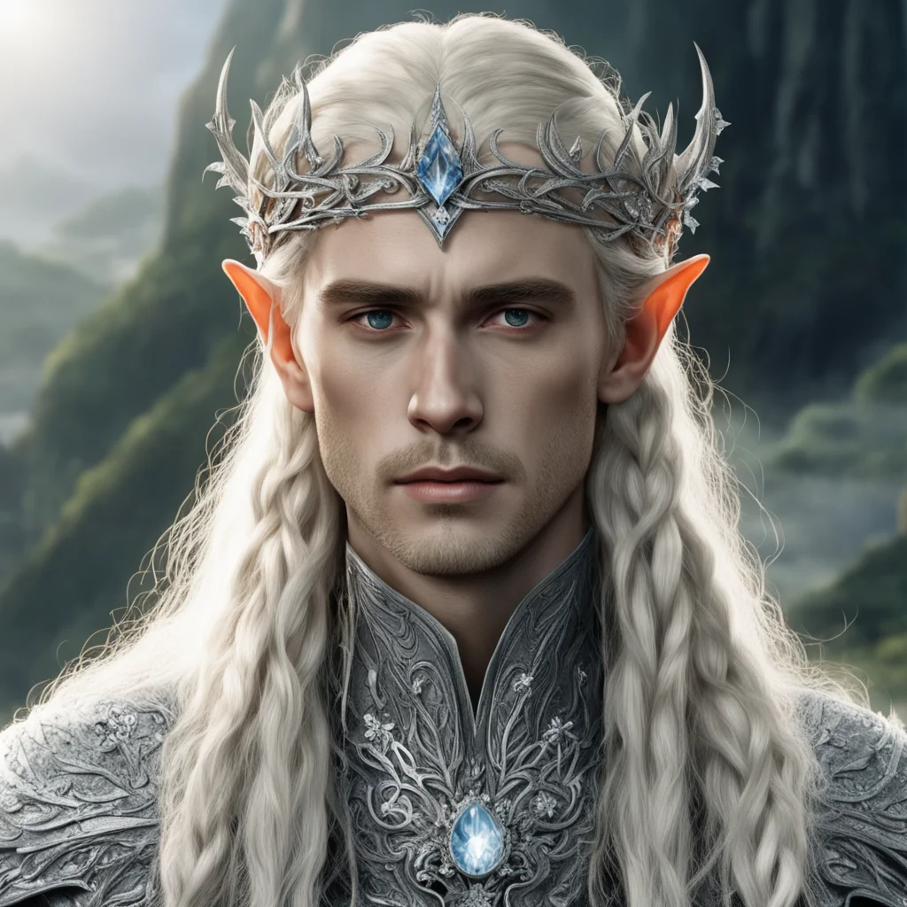 tolkien king thranduil with blond hair and braids wearing silver ivy encrusted with diamonds to form a silver elvish cirlcet with large diamond in the center of the circlet good looking trending fan