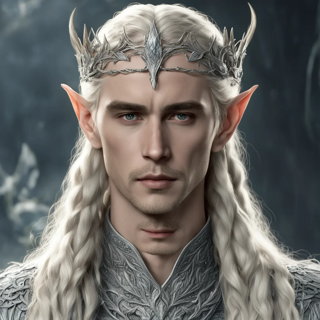 tolkien king thranduil with blond hair and braids wearing silver ivy encrusted with diamonds to form a silver elvish cirlcet with large diamond in the center of the circlet