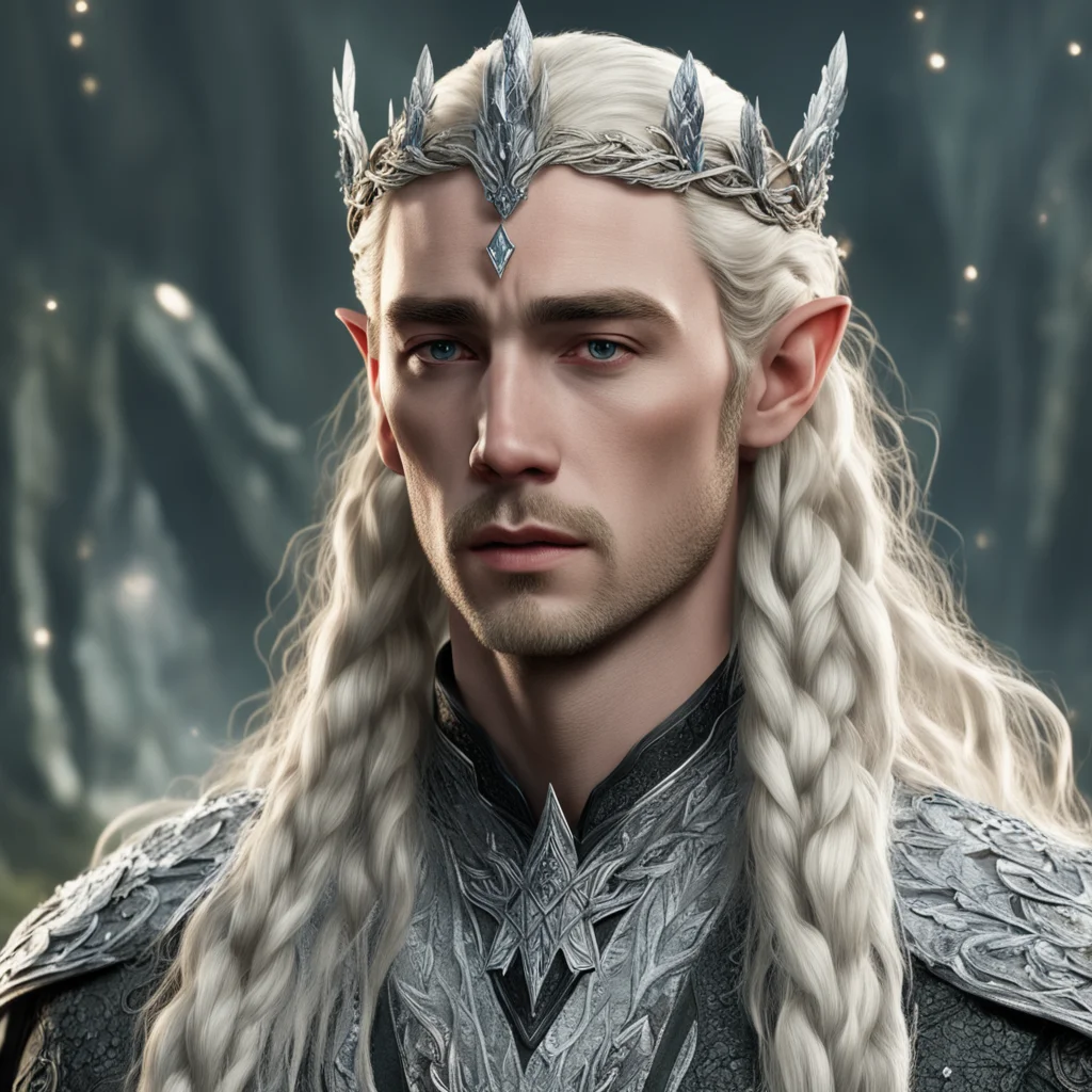 aitolkien king thranduil with blond hair and braids wearing silver laurel circlet encrusted with diamonds and large diamond clusters confident engaging wow artstation art 3