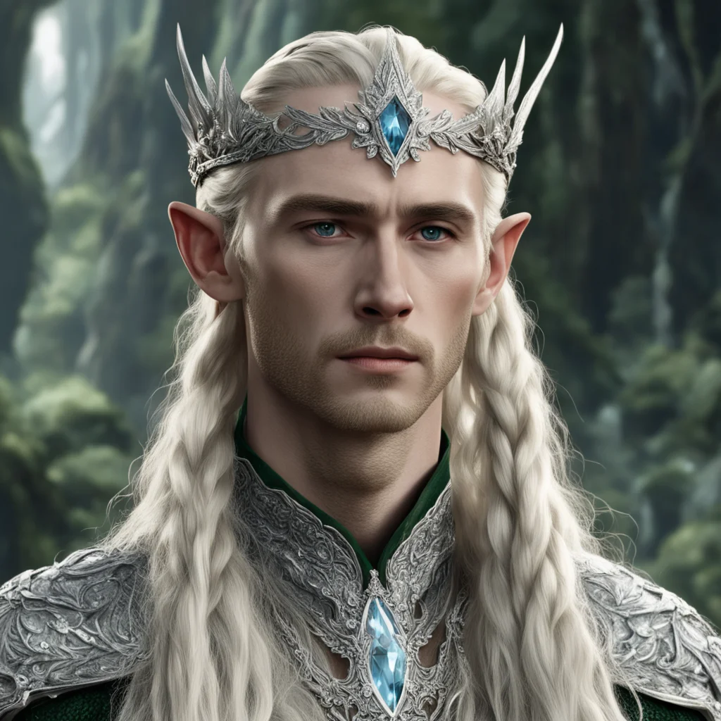 aitolkien king thranduil with blond hair and braids wearing silver laurel circlet encrusted with diamonds and large diamond clusters good looking trending fantastic 1