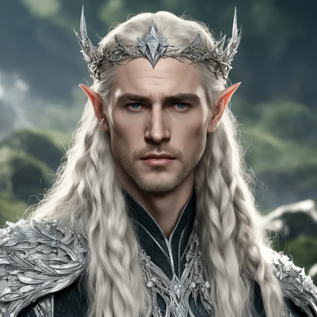 aitolkien king thranduil with blond hair and braids wearing silver laurel circlet encrusted with diamonds and large diamond clusters