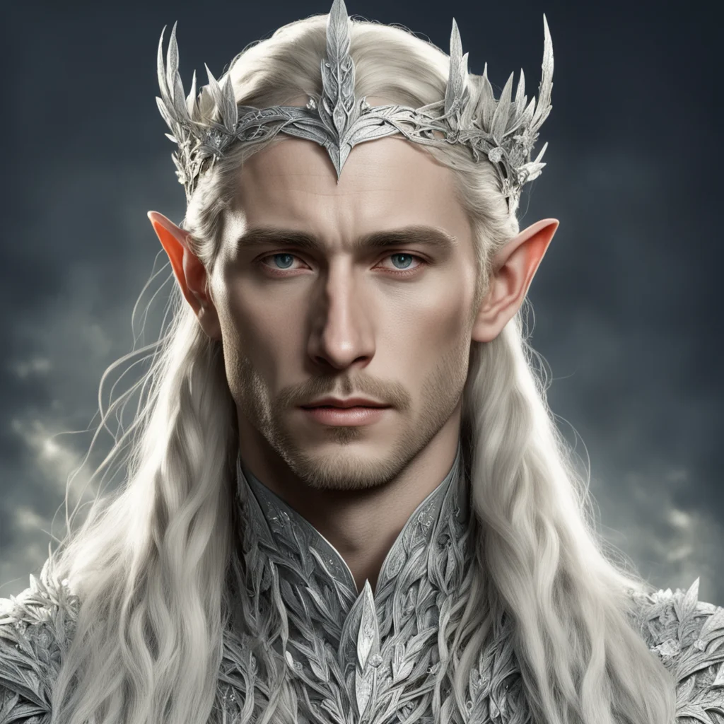 tolkien king thranduil with blond hair and braids wearing silver laurel leaves encrusted with diamonds with clusters of diamonds to form a silver elvish circlet with large center diamond amazing awe