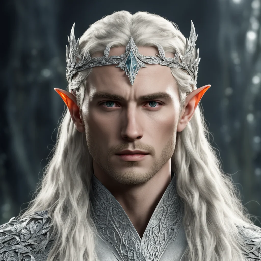tolkien king thranduil with blond hair and braids wearing silver laurel leaves encrusted with diamonds with clusters of diamonds to form a silver elvish circlet with large center diamond confident e