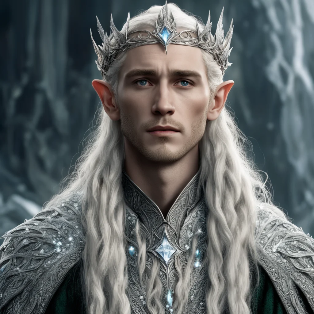 tolkien king thranduil with blond hair and braids wearing silver laurel leaves encrusted with diamonds with clusters of diamonds to form a silver elvish circlet with large center diamond good lookin