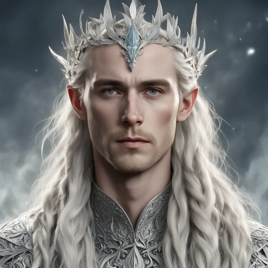 aitolkien king thranduil with blond hair and braids wearing silver laurel leaves encrusted with diamonds with clusters of diamonds to form a silver elvish circlet with large center diamond