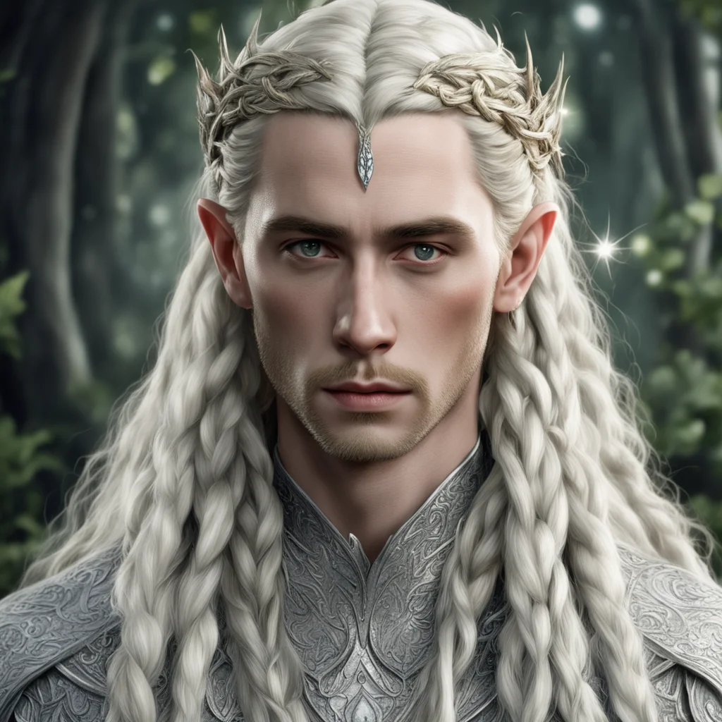 aitolkien king thranduil with blond hair and braids wearing silver leaf and vine intertwined in braids studded with diamonds with prominent center diamond amazing awesome portrait 2