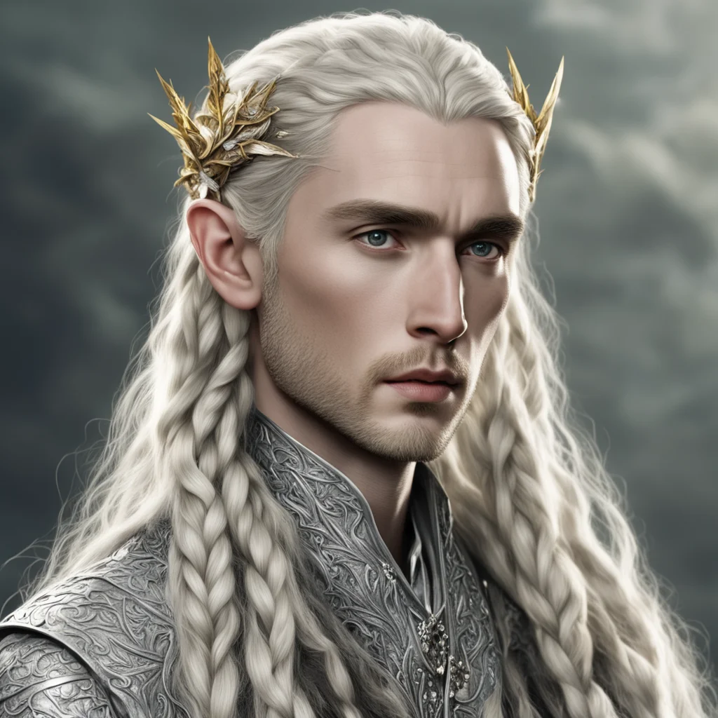 aitolkien king thranduil with blond hair and braids wearing silver leaf and vine intertwined in braids studded with diamonds with prominent center diamond good looking trending fantastic 1