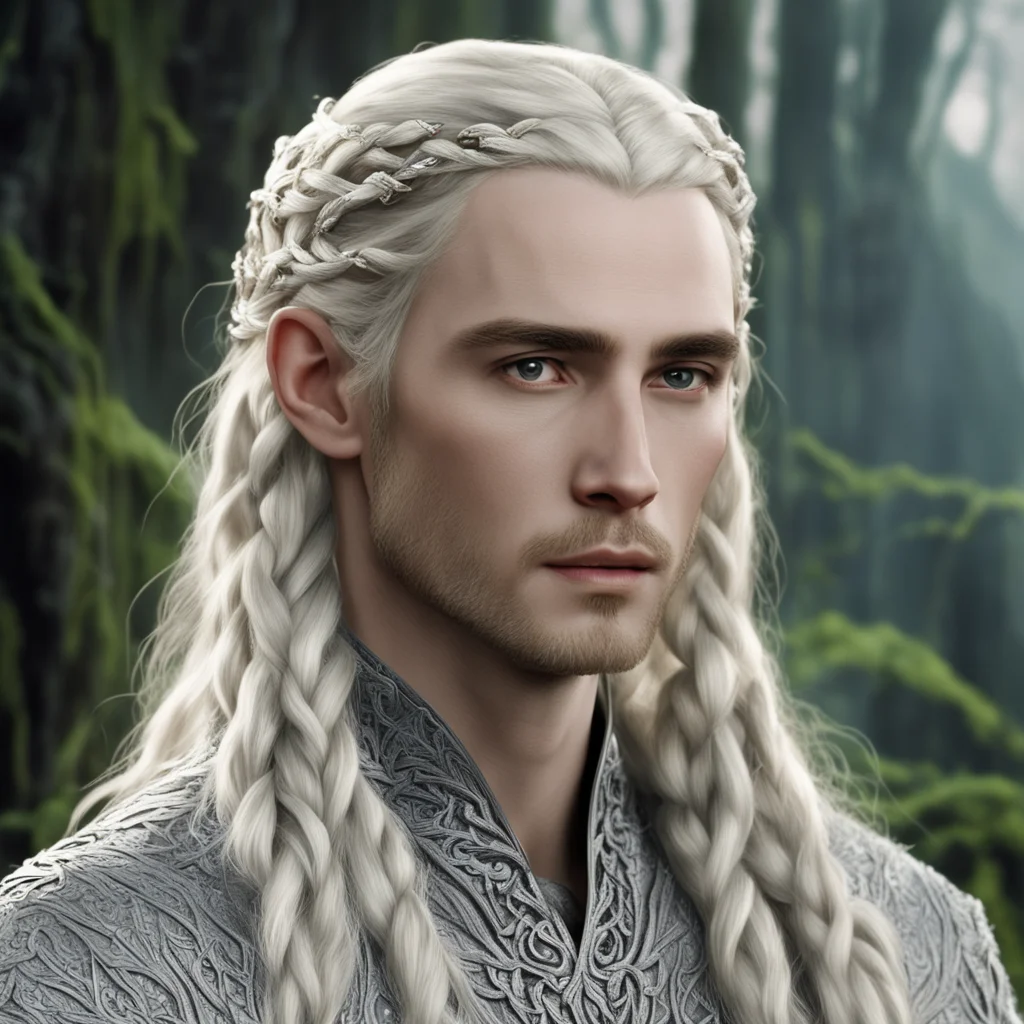 aitolkien king thranduil with blond hair and braids wearing silver leaf and vine intertwined in braids studded with diamonds with prominent center diamond