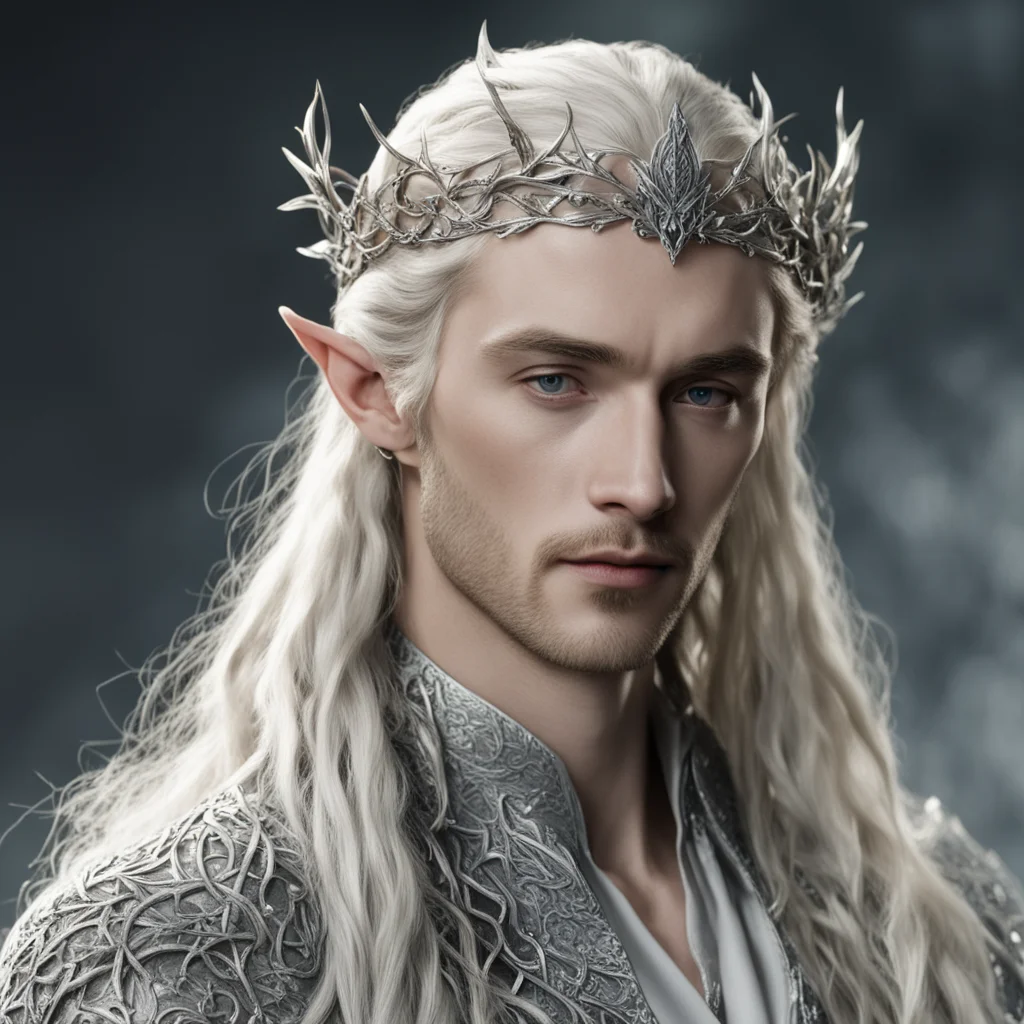 tolkien king thranduil with blond hair and braids wearing silver leafy vines encrusted with diamonds intertwined to form a small silver nandorin elvish circlet with center diamond  amazing awesome p