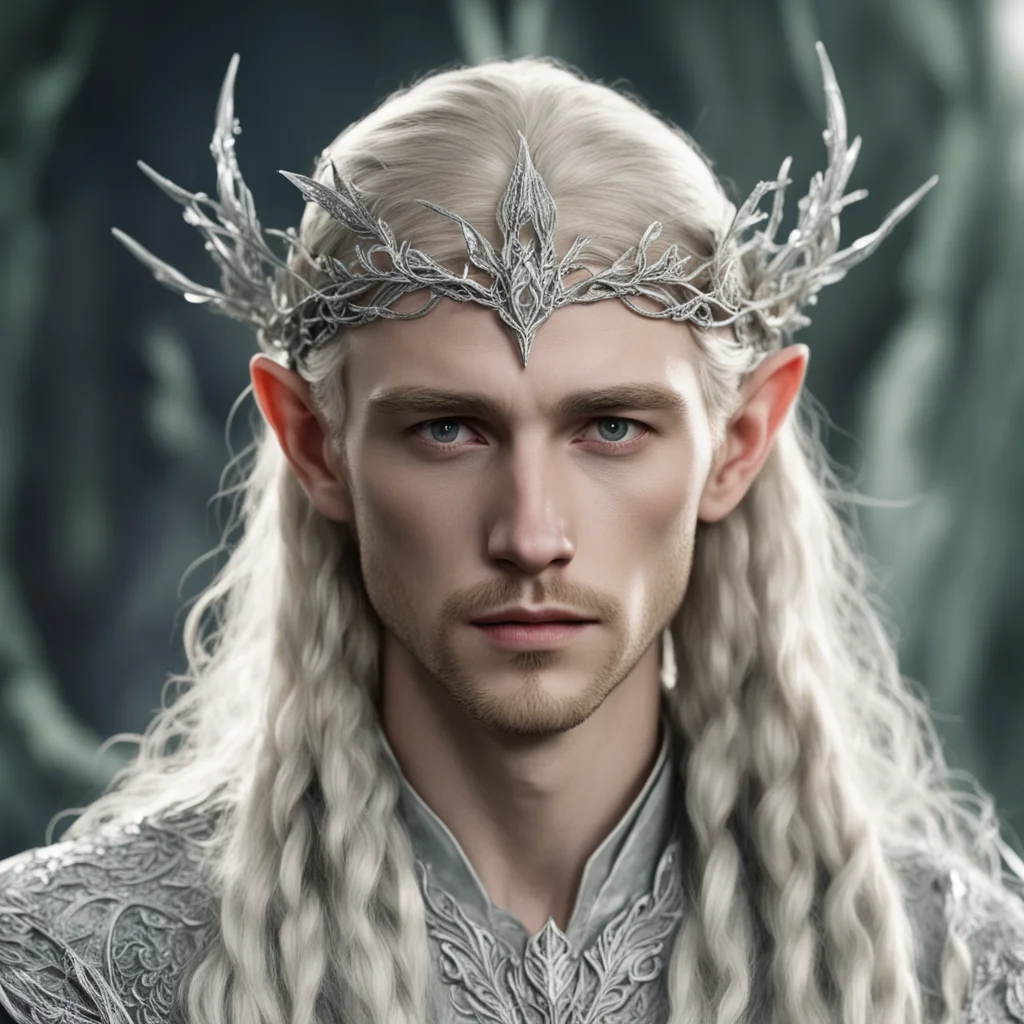 tolkien king thranduil with blond hair and braids wearing silver leafy vines encrusted with diamonds intertwined to form a small silver nandorin elvish circlet with center diamond  confident engagin