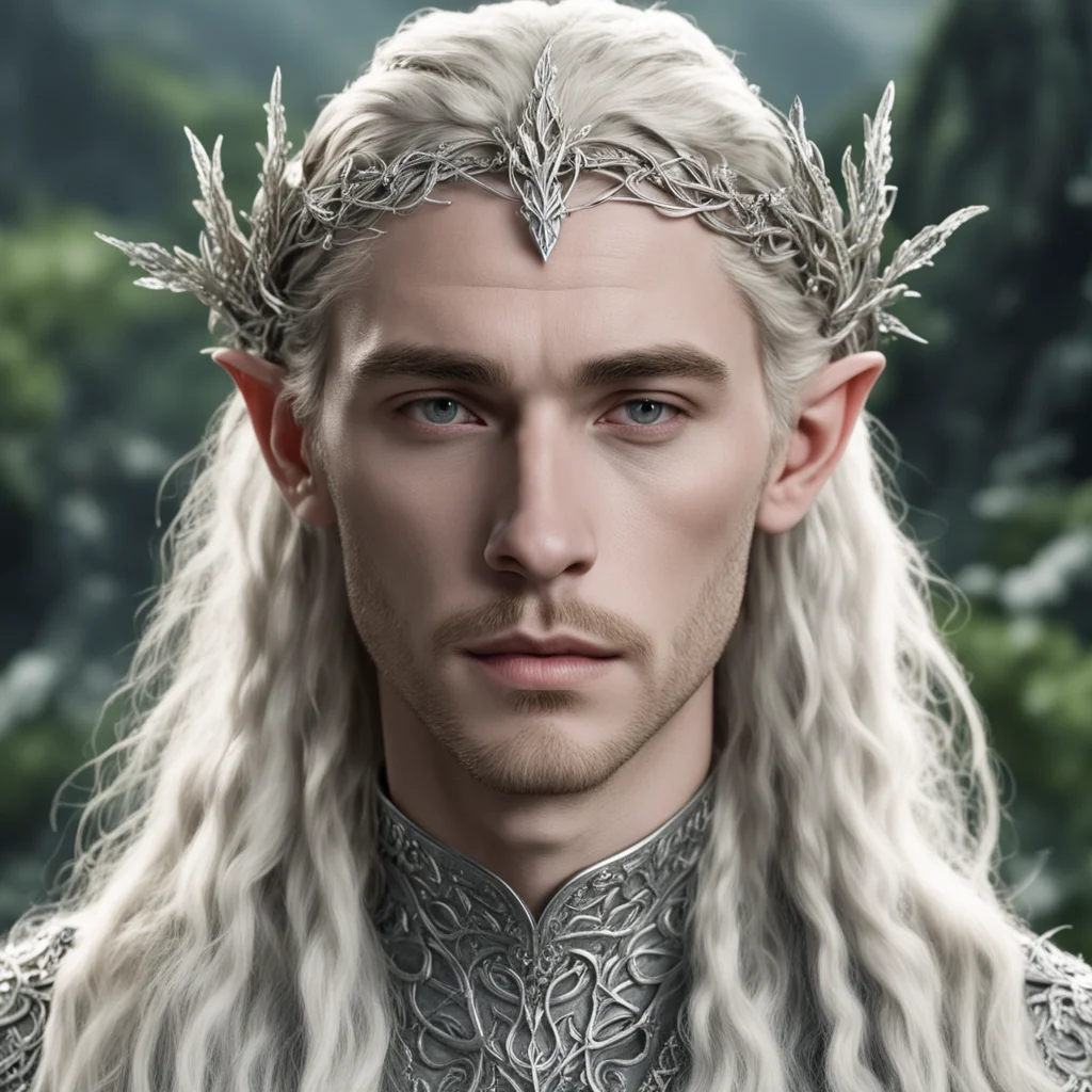 tolkien king thranduil with blond hair and braids wearing silver leafy vines encrusted with diamonds intertwined to form a small silver nandorin elvish circlet with center diamond  good looking tren