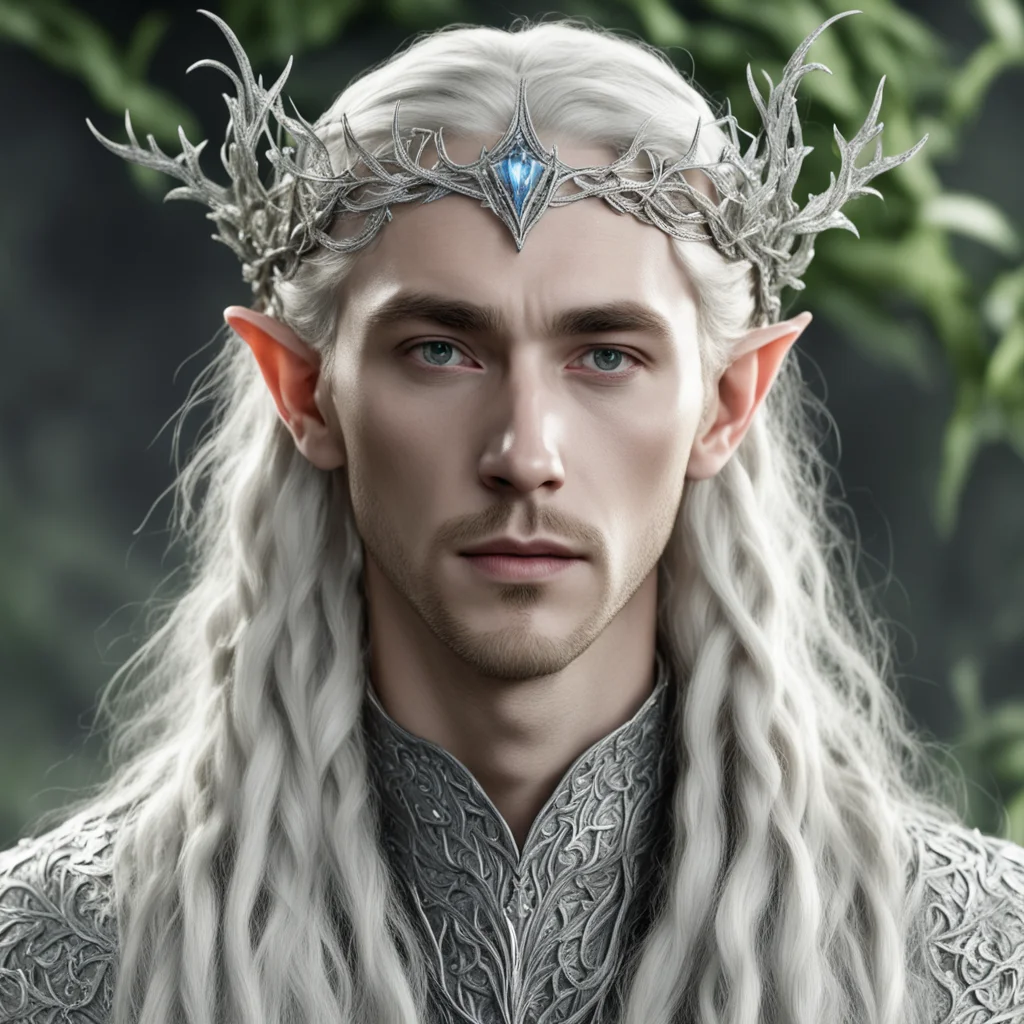 aitolkien king thranduil with blond hair and braids wearing silver leafy vines encrusted with diamonds intertwined to form a small silver nandorin elvish circlet with center diamond 