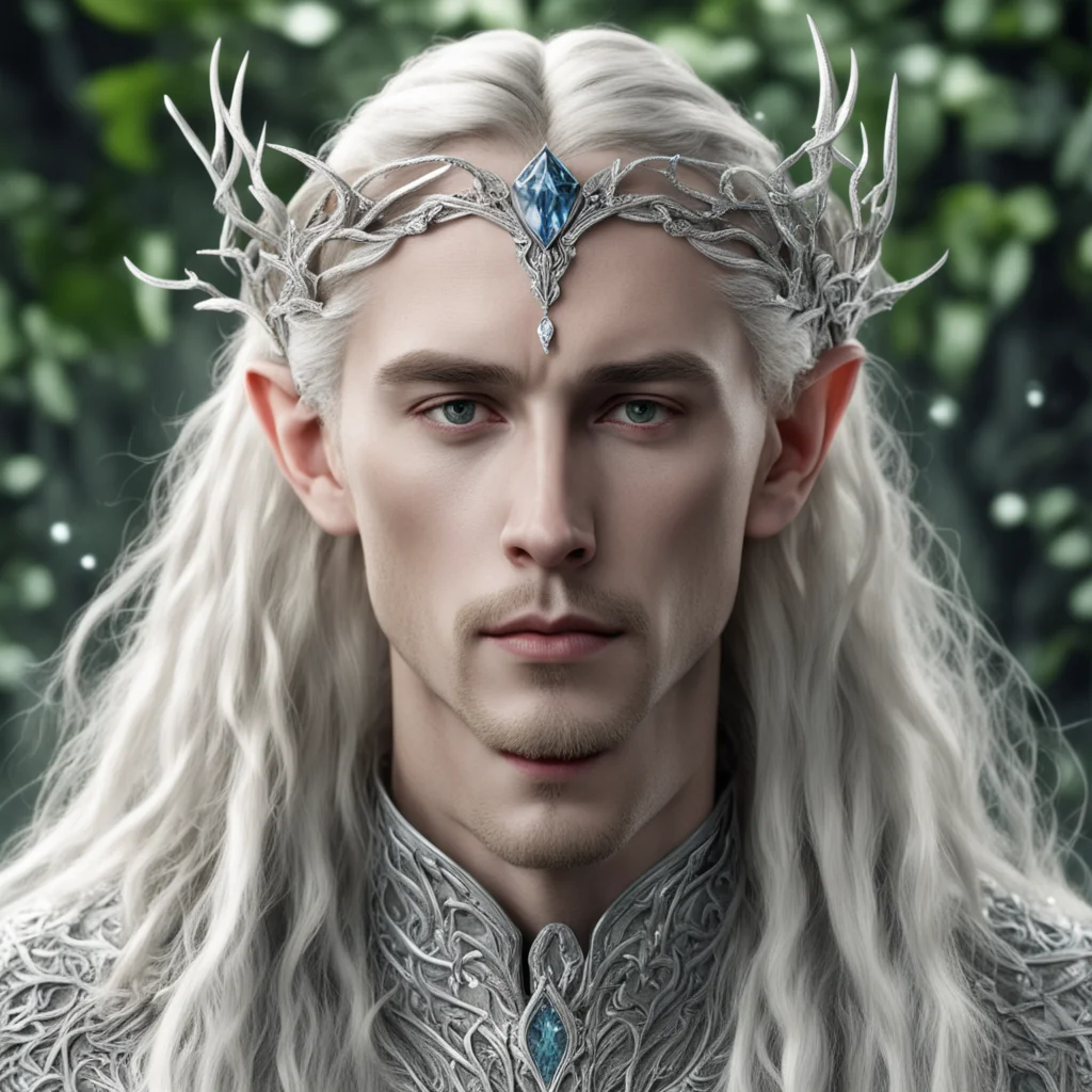 tolkien king thranduil with blond hair and braids wearing silver leafy vines encrusted with diamonds to form silver elvish circlet with large center diamond amazing awesome portrait 2
