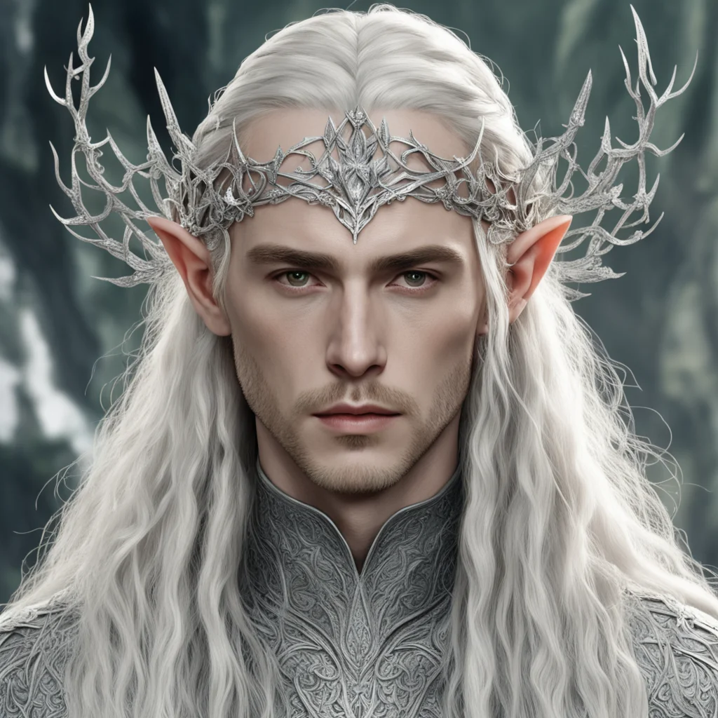 tolkien king thranduil with blond hair and braids wearing silver leafy vines encrusted with diamonds to form silver elvish circlet with large center diamond good looking trending fantastic 1