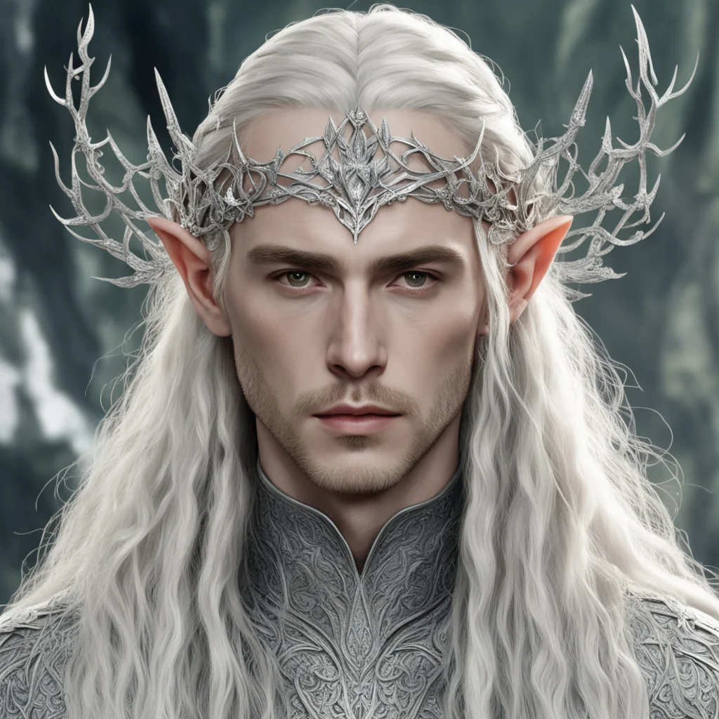 aitolkien king thranduil with blond hair and braids wearing silver leafy vines encrusted with diamonds to form silver elvish circlet with large center diamond good looking trending fantastic 1