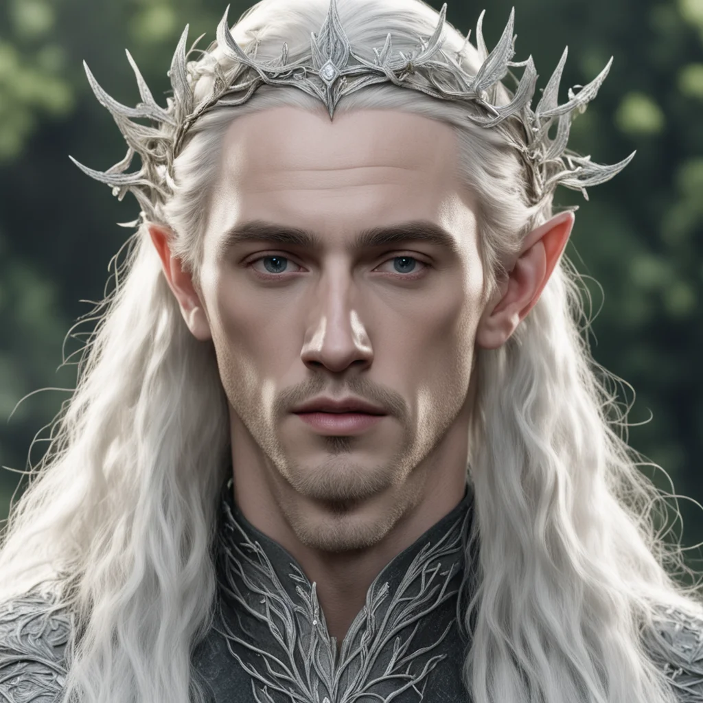 tolkien king thranduil with blond hair and braids wearing silver leafy vines encrusted with diamonds to form silver elvish circlet with large center diamond