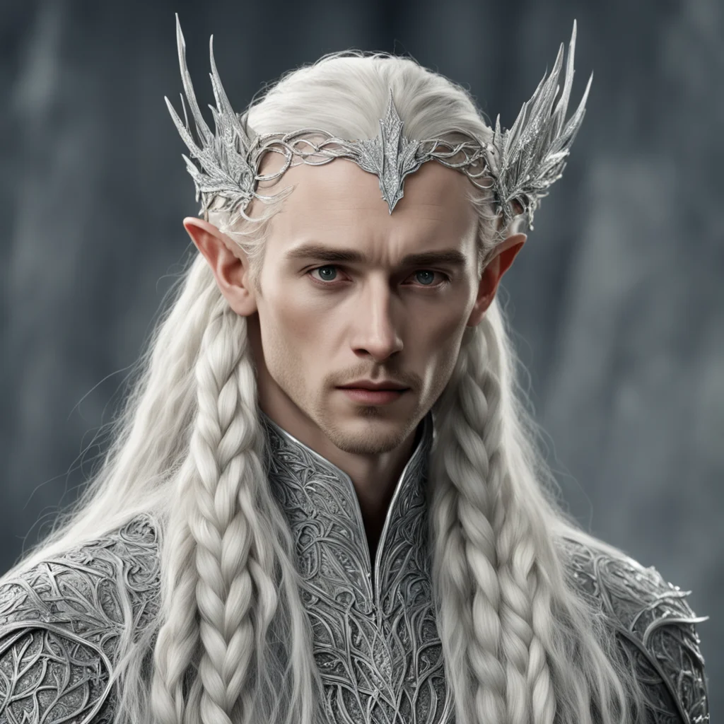 aitolkien king thranduil with blond hair and braids wearing silver maple leaf encrusted with diamonds silver elvish circlet with prominent center diamond  amazing awesome portrait 2